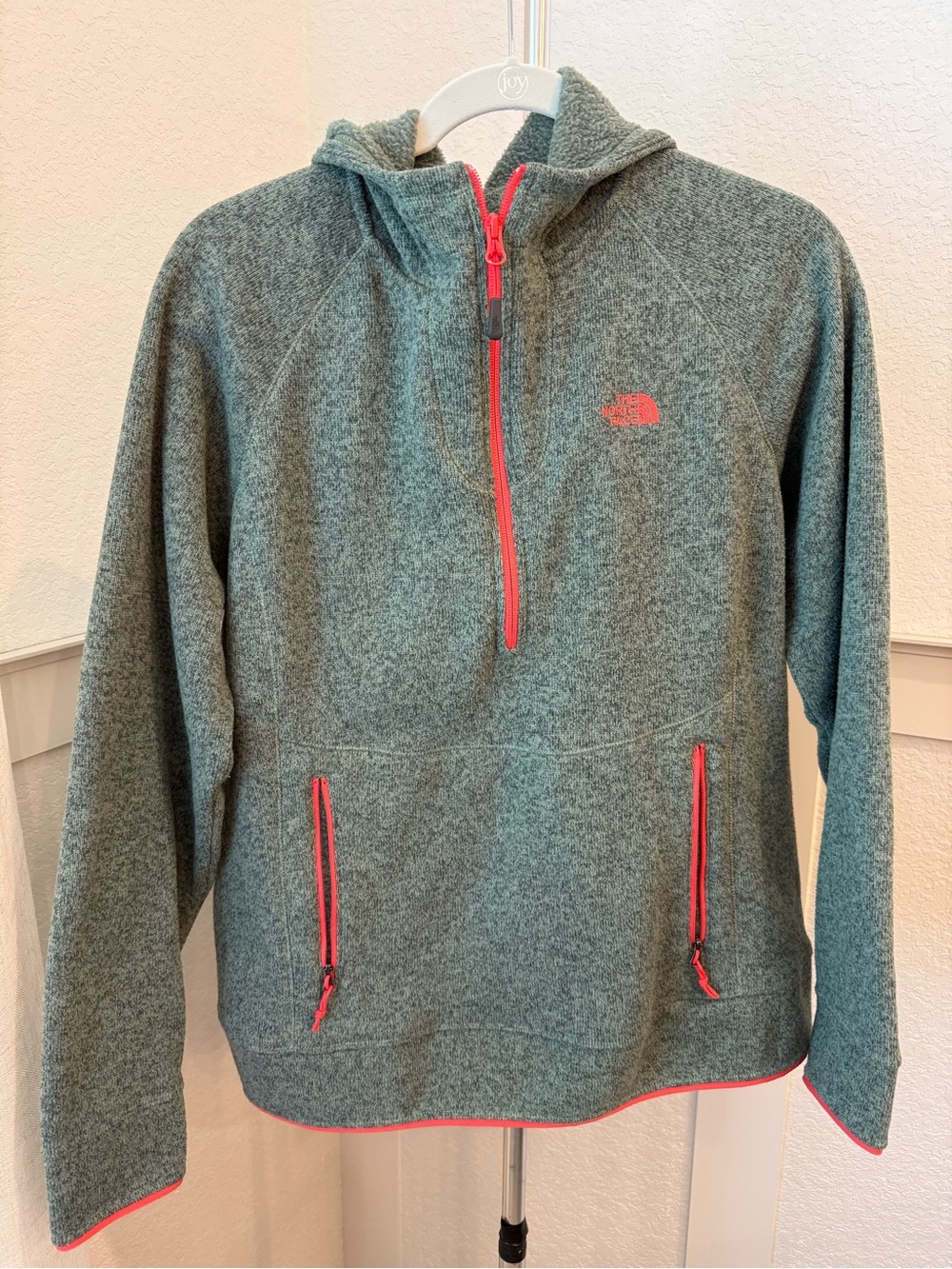 The North Face Heather Olive Pullover with Coral Logo